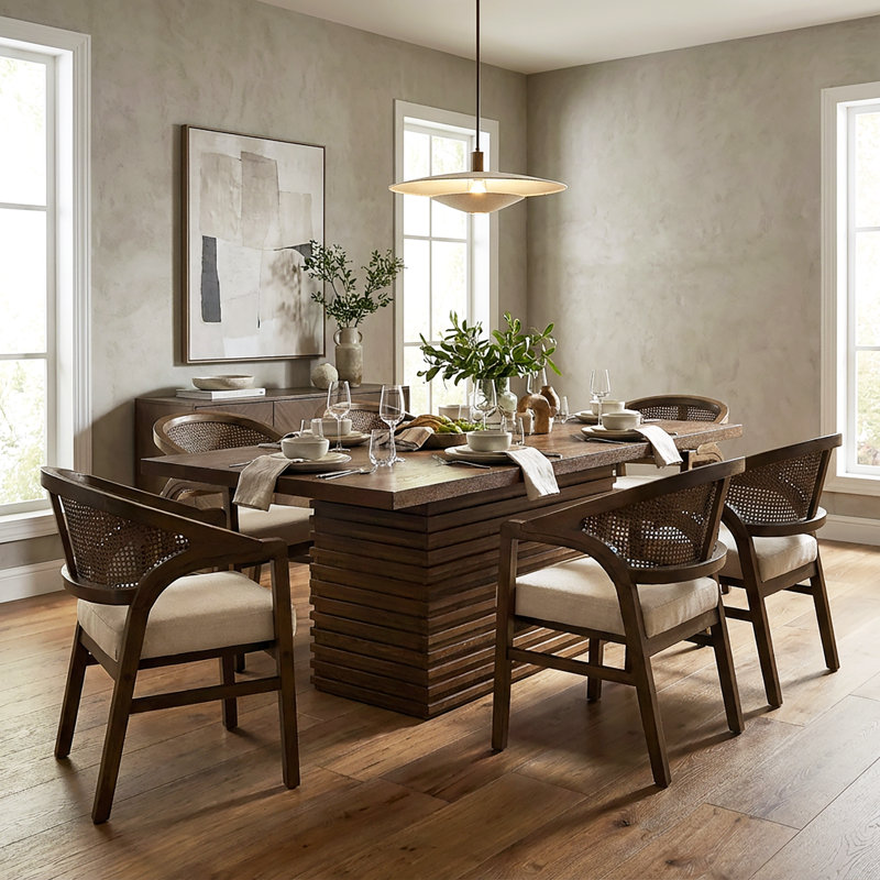 Avelin 7-Piece Modern Natural Rubberwood Dining Set With Rattan-Back Chairs, Beige/Walnut, Walnut