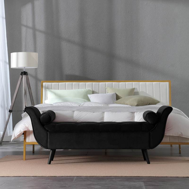 Velvet Upholstered Storage Bench, Black