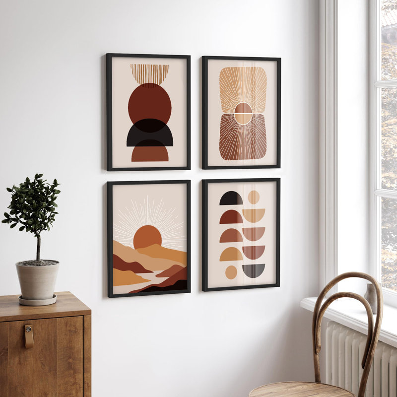"Abstrait Mid-Century géométrique Sunburst Retro Landscape Boho Illustration Relax" 4 pièces, Noir, H 32 po x l 24 po
