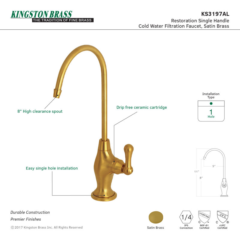 Kingston Brass Restoration Single-Handle 1-Hole Deck Mount Water Filtration Faucet, Brushed Brass