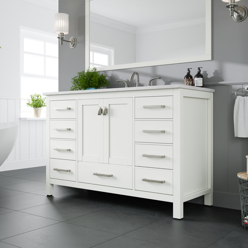 Minnich 48"W x 22"D Bathroom Vanity with Undermount Porcelain Sink, Quartz - White Carrara, White