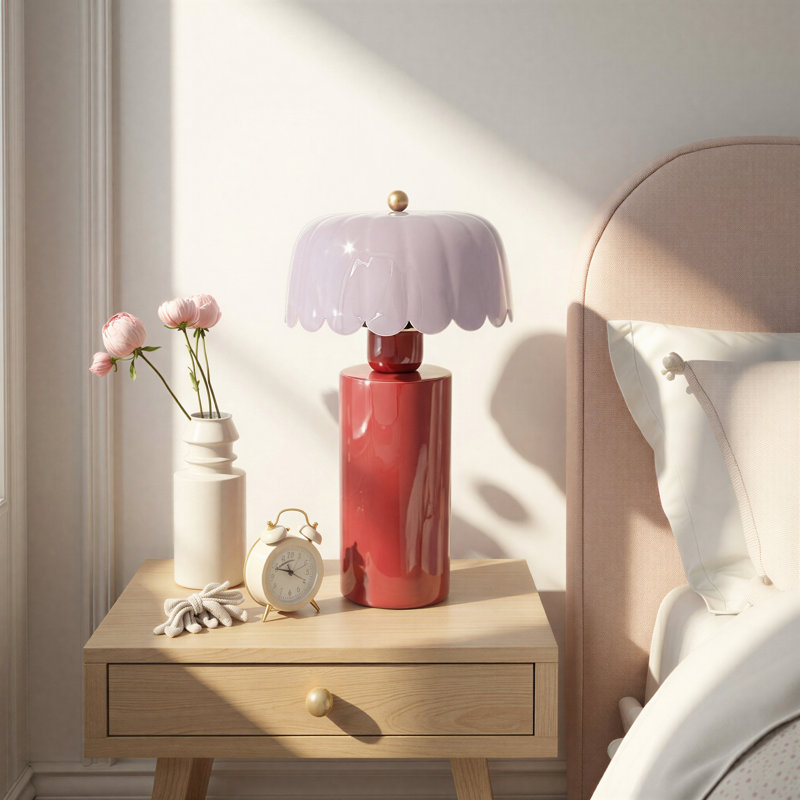 Lampe de table en métal avec abat-jour festonné, H 15 po x l 8 po x P 8 po, Mauve, Rouge
