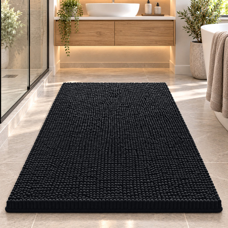 Luxury 100% Microfiber Chenille Door Mat - Soft, Absorbent And Non-Slip Floor Mat, Black, 50 cm x 80 cm