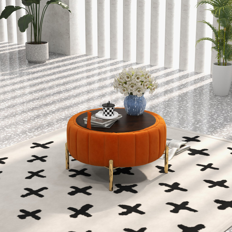 Rilee Velvet Ottoman, Orange Velvet