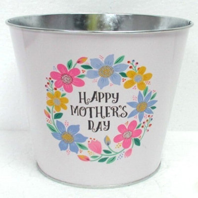 Happy Mother'S Day Floral Wreath Printed Metal Planter