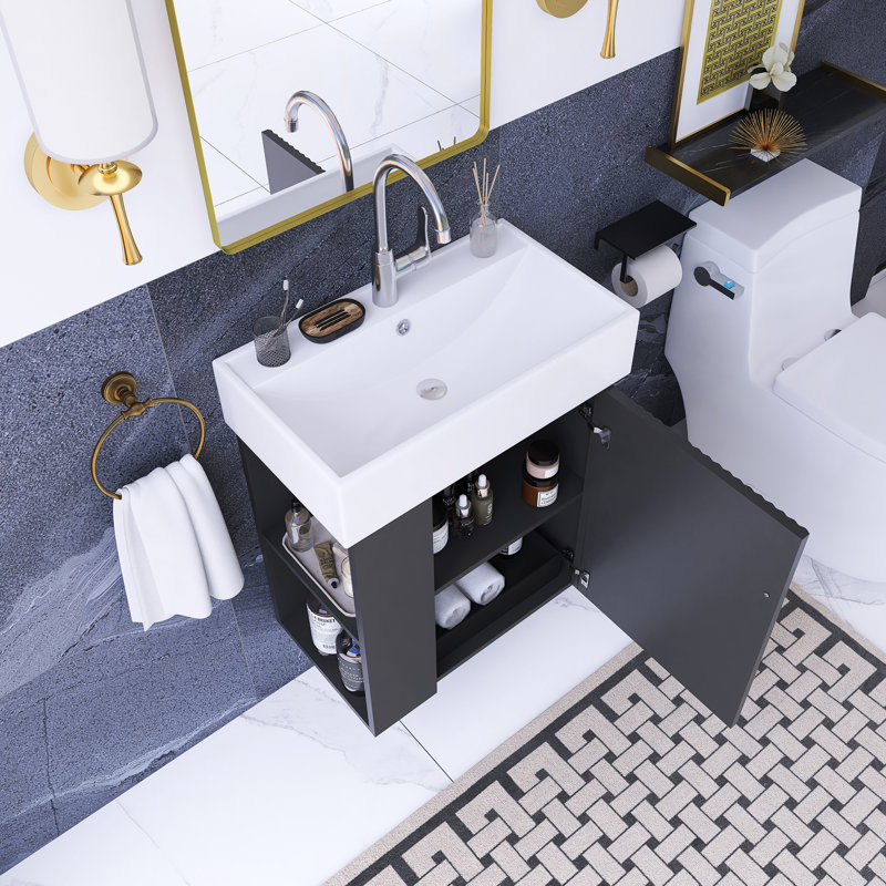 21.6 Inch Modern Floating Bathroom Vanity With Ceramic Basin, Black