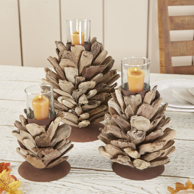 Porte-votive en verre/bois pinecone bois flottant