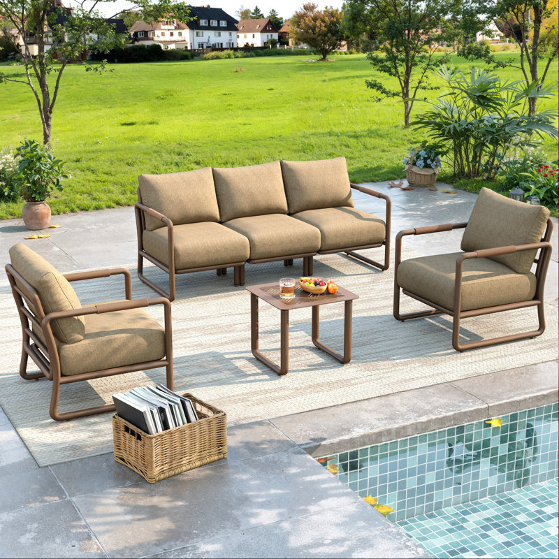 Ensemble de mobilier d'extérieur en aluminium pour patio, canapé 5 places avec 1 table basse , Coussin brun / structure brune