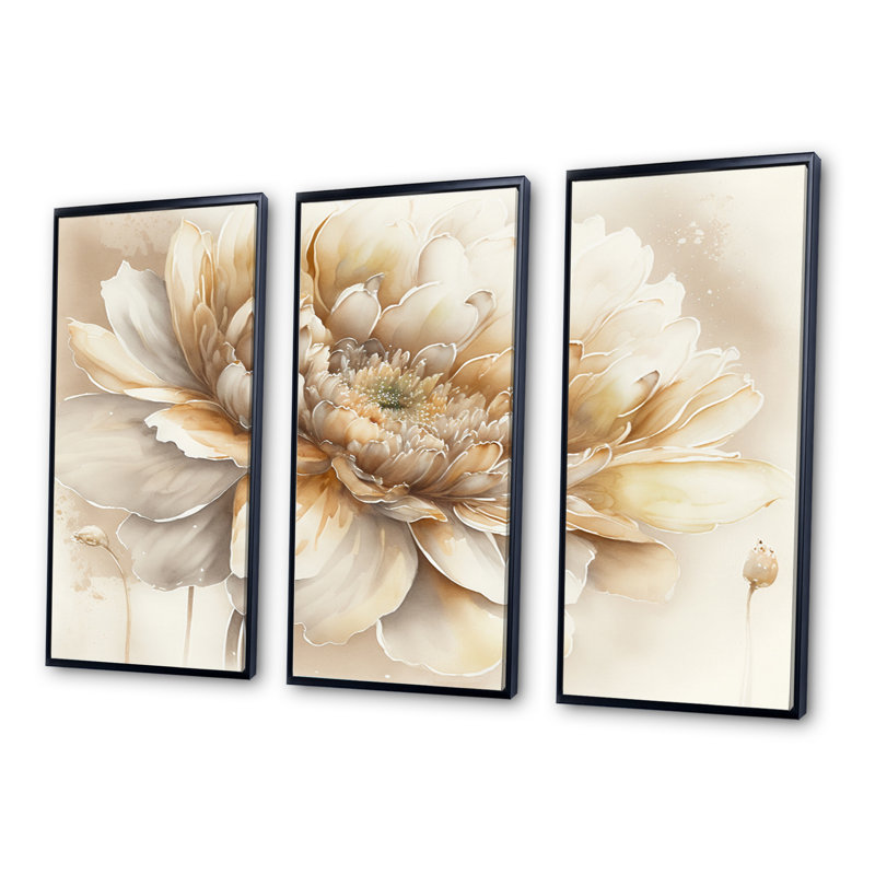 Simple fleur beige V - 3 pièces, reproduction sur toile, Noir, H 28 po x l 36 po x P 1 po