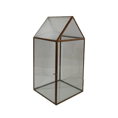 Petit terrarium avec support en fer patiné brun et verre
