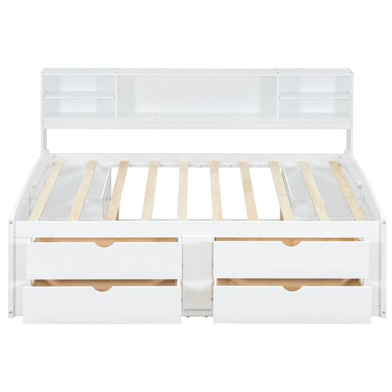 Lit de jour de taille blanche avec 2 tablettes de rangement, 4 tiroirs et une tablette supérieure - solide, élégante et compacte
