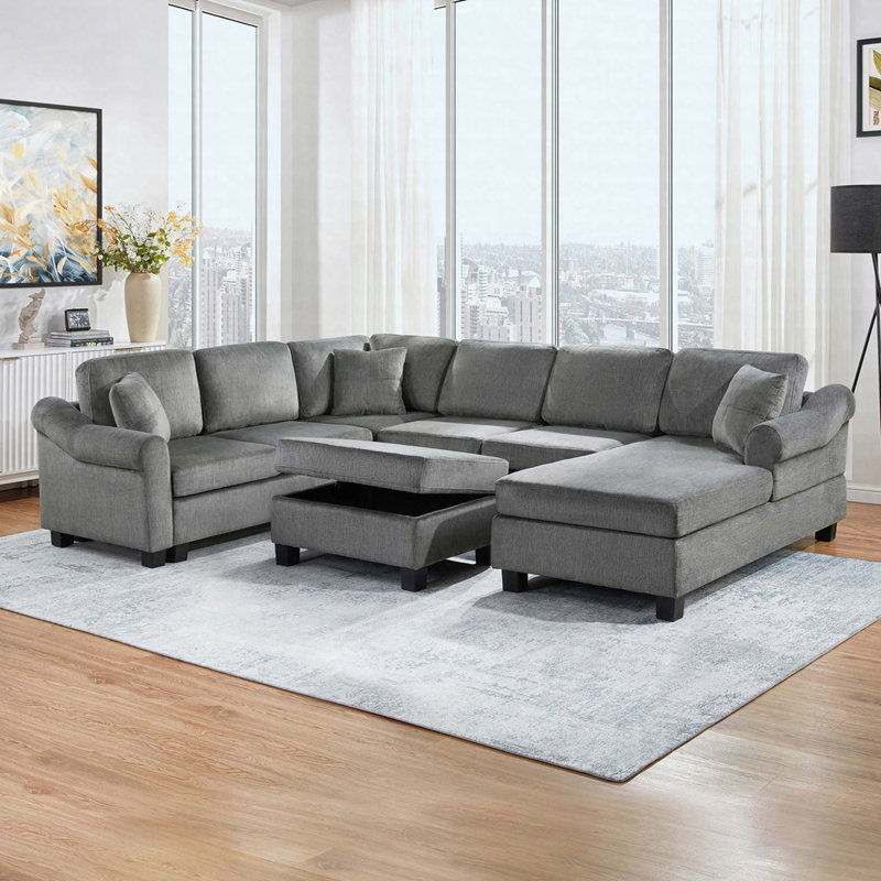 Canapé modulaire en chenille de 111,8 po en U avec repose-pieds de rangement mobile, Gris foncé