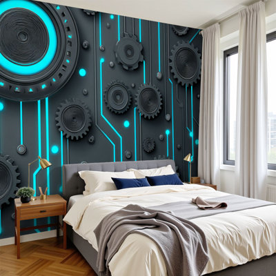 Technological  Peel and Stick Wallpaper Futuristic Gear Circuit Glowing Blue Accents Wall Murals 100"H x 144"W Removable PVC Wall Paper Self-Adhesive Wall Decor for Bedroom Living Room Play Room Home Office