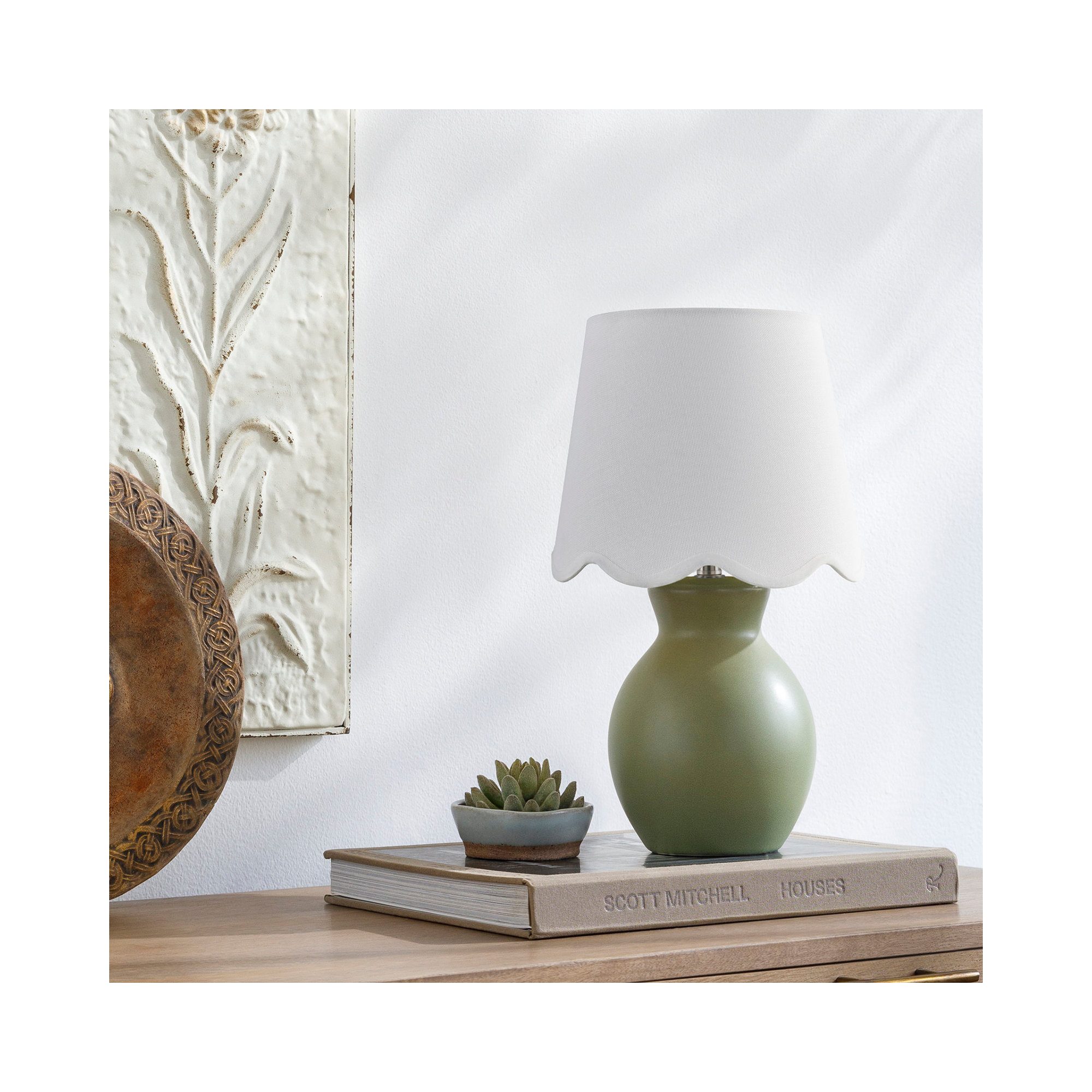 Momsen Scallop Shade Lamp, 15"" H x 8"" W x 8"" D, Khaki, White Twill