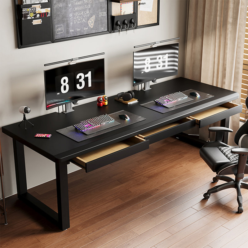 Bureau d'écriture rectangulaire en bois massif noir avec 3 tiroirs, H 29,53 po x l 86,61 po x P 27,56 po 