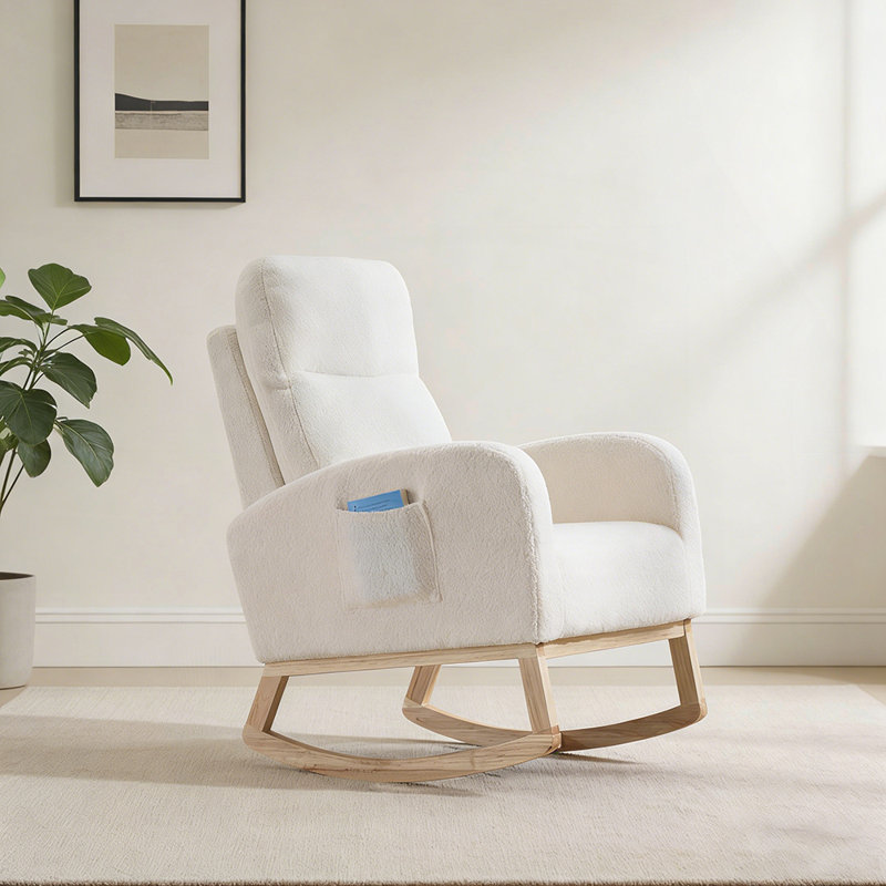 Chaise berçante d'appoint moderne avec pieds en bois massif, fauteuil de chambre de bébé rembourré, fauteuil confortable avec poche latérale, dossier haut pour le salon