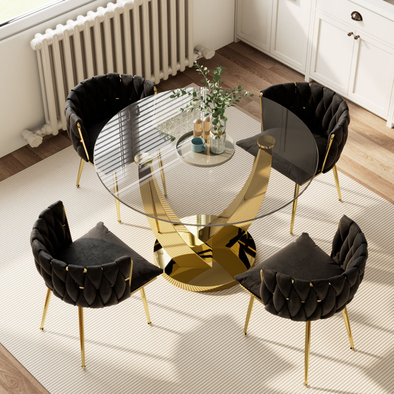 47.2" Round Glass Dining Table Set for 4, Clear Round Kitchen Set with 4 Upholstered Velvet Chairs, for Kitchen, Dining and Space Saving