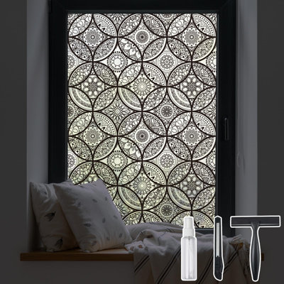 Boho Stained Glass Look Window Privacy Film With Installation Tools, Decorative Frosted Glass Window Film Static Cling No Glue Removable, Pure Black, 35.4" X 118.1"