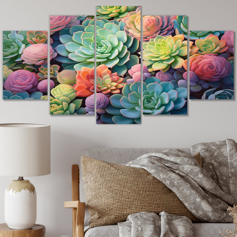 Green Blue Succulents Succulent Dreams Ii - Floral Canvas Art Print - 5 Panels