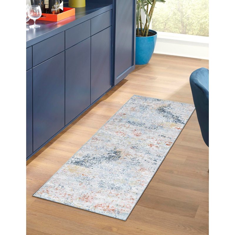Tapis gris / bleu marine / taupe en polyester tissé à la machine Massie, Tapis de couloir 2 pi x 4 pi 1 po
