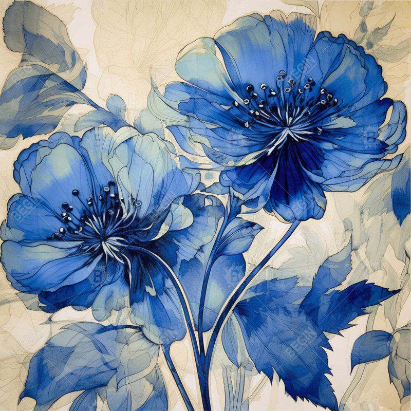 Fleurs marines - Toile fleurs bleues pour la décoration intérieure, H 36 po x l 36 po