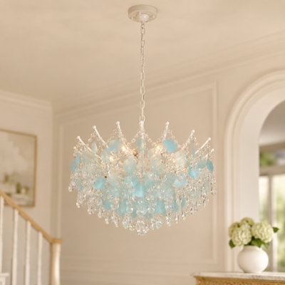 Lustre à 8 lumières en cristal de couleur bord de mer bleu moderne (ampoule incluse)