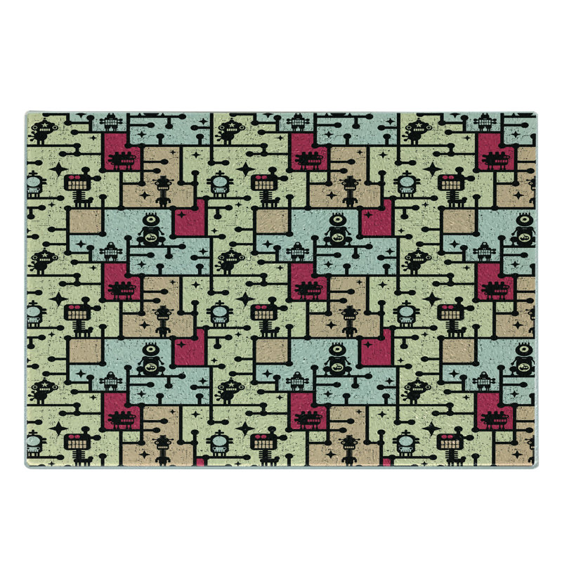 Ambesonne Space Tempered Glass Cutting Board Robots on Grid Squares Multicolor