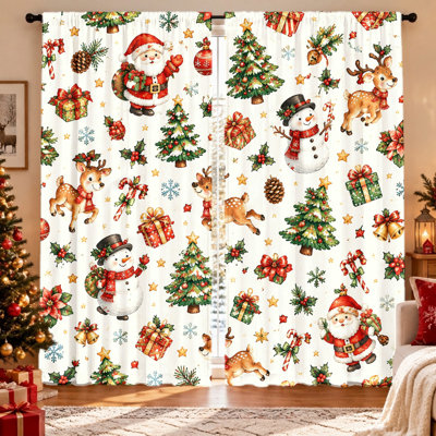 Rideaux de Noël (lot de 2), imprimés festifs Père Noël, bonhomme de neige, rennes et sapin, tissu occultant, protection de l'intimité, conception à œillets, lavables à la machine, parfaits pour le salon, la chambre et la décoration de Noël.