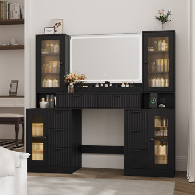 Bureau de meuble-lavabo avec 2 portes, 3 tiroirs et miroir lumineux à DEL, table de maquillage blanche avec prise de courant, armoire en verre RVB et mode 3 lumières