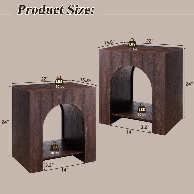  Arched End Table Set of 2 with Type-C Charging Station, 22" Modern Bedroom Sideboard with Arched Shelf, Brown, Set of 2