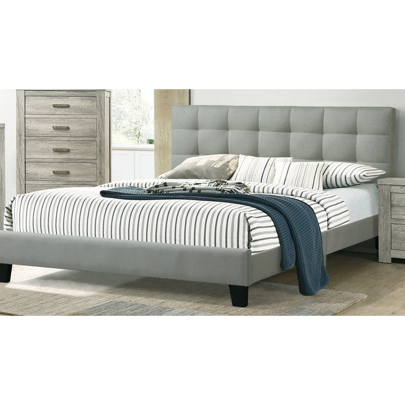 Lit double avec tête de lit en polyfibre grise et latte de chambre moderne en bois, Light Grey, Lit double