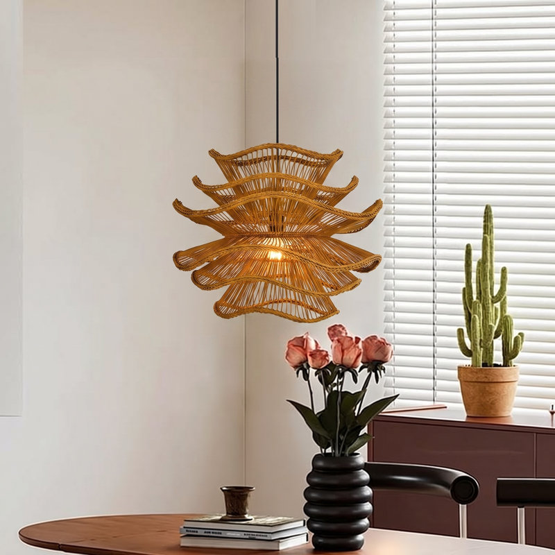 1-Light Pendant Lights Brown Flower Rattan, 23.62" H x 23.62" W x 23.62" D