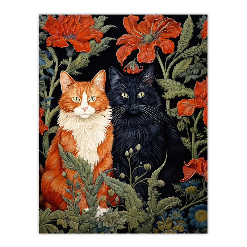 Fluffy Ginger Flower Cats Amongst The Floral Blooms Modern Artwork Large Wall Unframed Art Poster Print Thick Paper 18X24 Inch