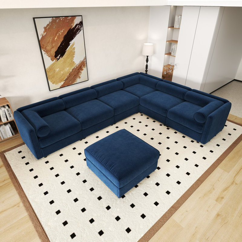 Canapés modulaires en L 142,5 po avec repose-pieds en chenille Cloud-Soft, Bleu