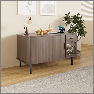 Enceinte de litière pour chat 37,4 "avec porte coulissante, meuble de litière caché avec tiroir de rangement et station de charge, chatière d'intérieur moderne, meuble télé, table de bout pour le salon, brun