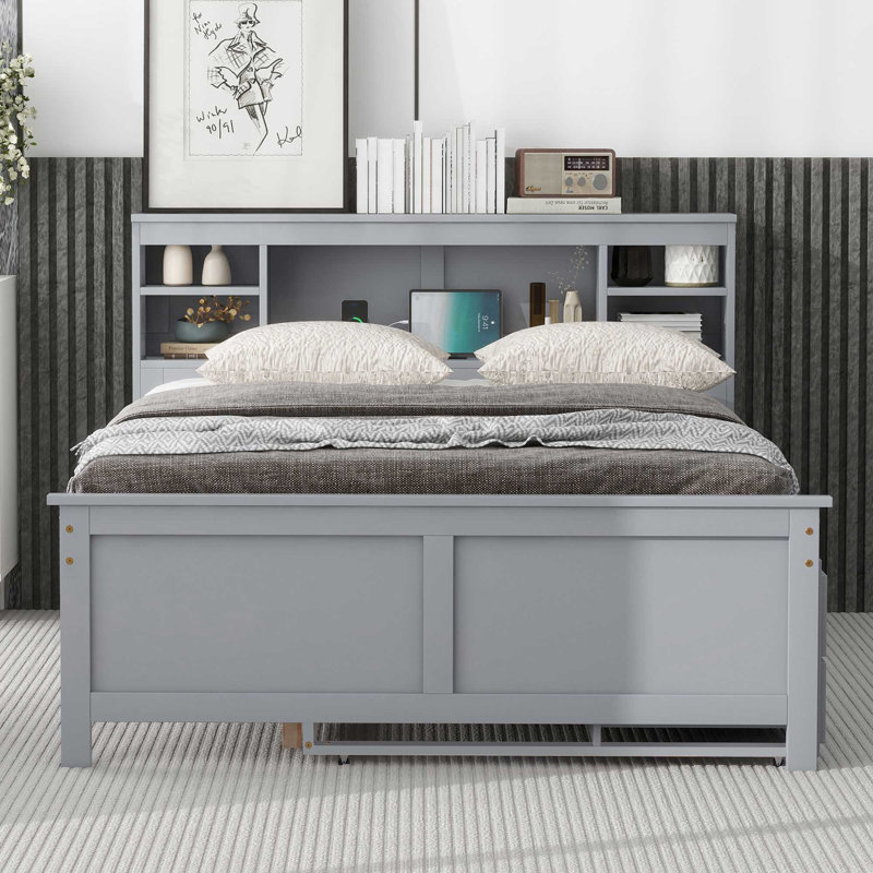 Lit plateforme avec tête de lit, USB, lit gigogne et tiroirs, Gris, Lit double