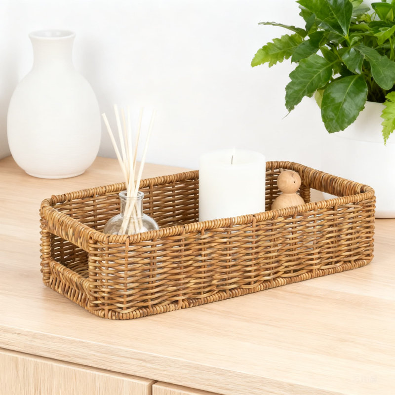 Handwoven Resin Wicker Storage Basket, Water-Resistant Bathroom And Kitchen Organizer For Toilet Tank Top, Countertop, And Shelves