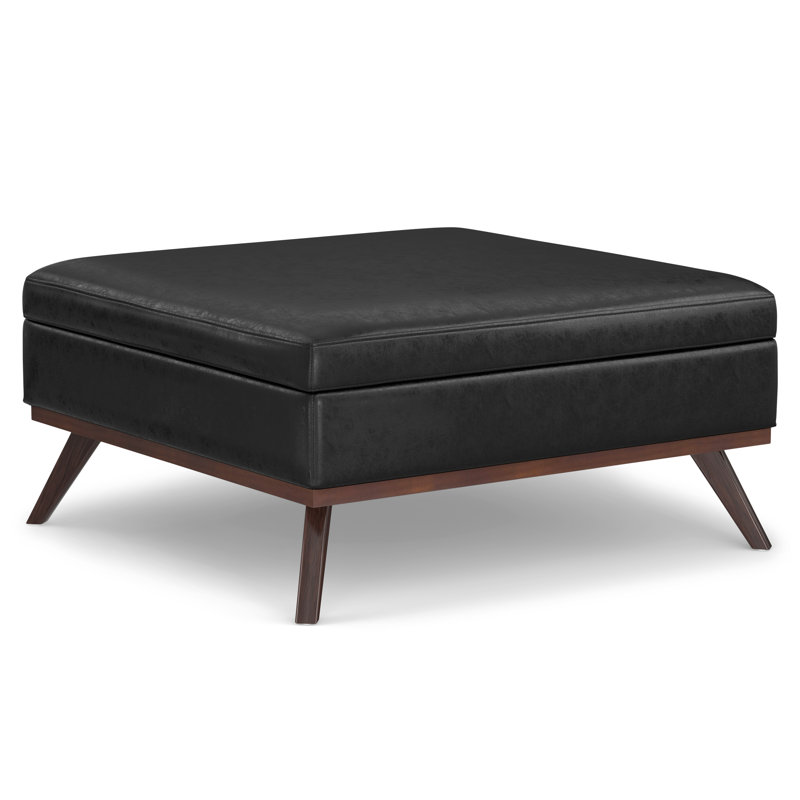 Owen 40"W Upholstered Mid-Century Modern Square Lift-Top Ottoman with Ample Storage, Distressed Black