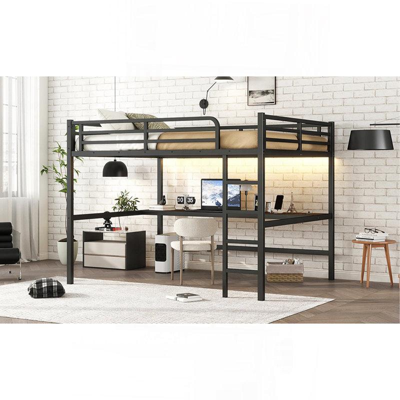Metal Queen Size Loft Bed With Power Outlet And LED Lighted, Space-Saving, Noise Reduced, Black
