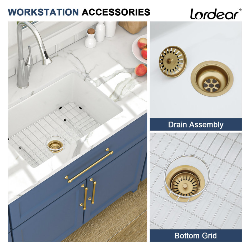Évier de cuisine encastré / encastré en argile réfractaire 30 po x 18 po L 30 po x l 18 po avec grille et évier en or