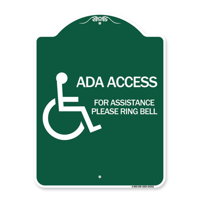 Signe Signmission Designer Series - Sonnette ADA Access for Assistance (avec le nouveau symbole Isa) | Enseigne architecturale en aluminium de gros calibre vert et blanc 18 po x 24 po | Protégez votre entreprise | Fabriqué aux États-Unis