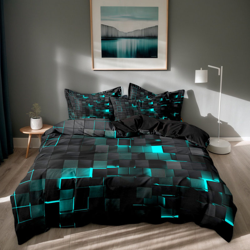 Teal And Black Geometric Microfiber Duvet Cover Set With Pillowcases, Digital Print Block Pattern Front With Solid Black Back, Reversible Bedding, Twin Full Queen King, Comforter And Pillow Inserts Not Included