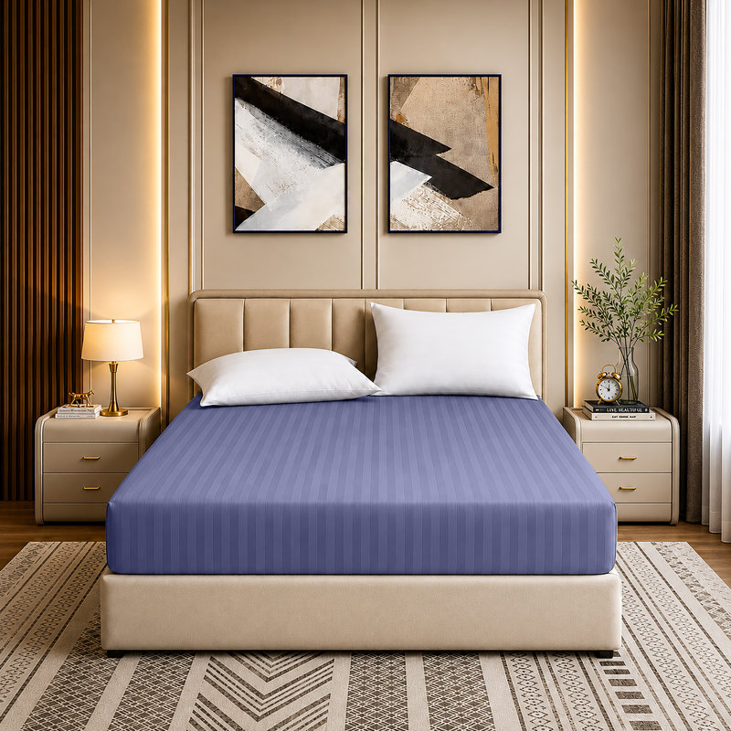 Luxury Striped Microfiber Fitted Sheet - 40 cm Deep Pocket, Ultra-Soft, Wrinkle-Resistant & Easy Car, Single (3'), Blue