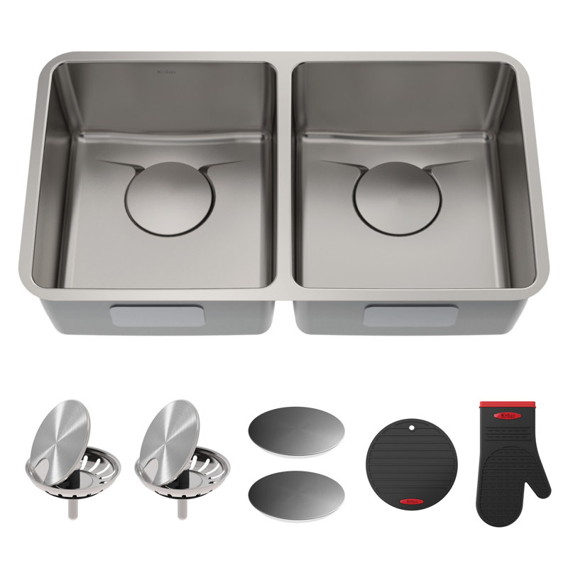 Dex™️ Series KRAUS 33-inch L Undermount 50/50 Double Bowl TRU16 Gauge Stainless Steel Kitchen Sink with DrainAssure WaterWay