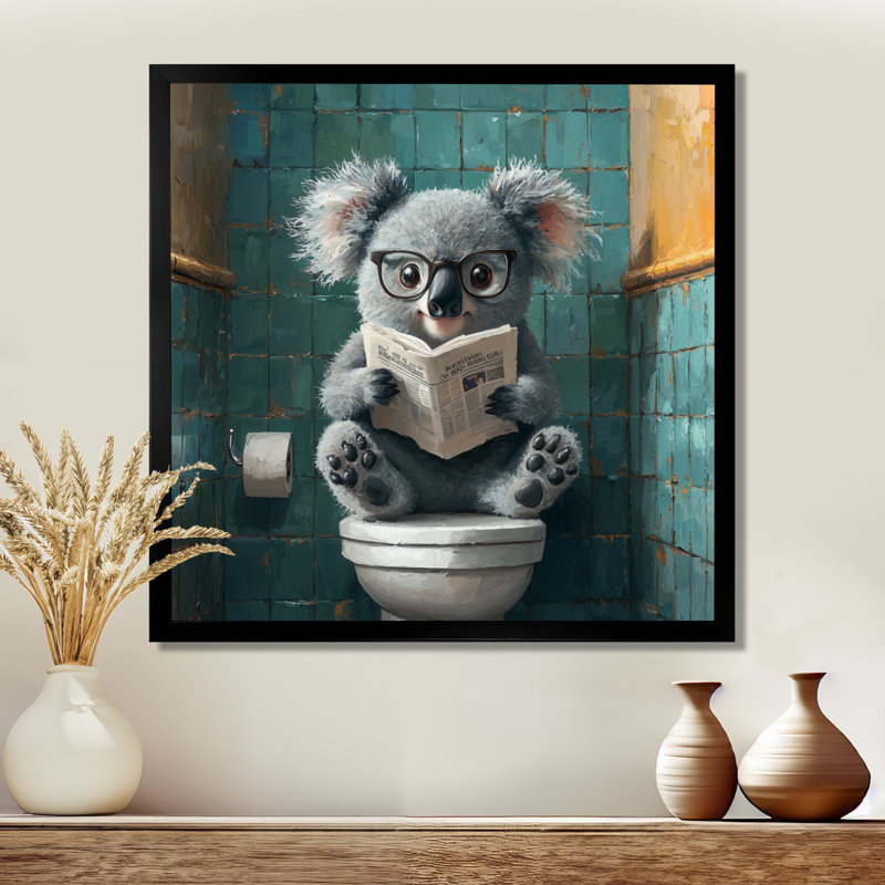 Keala Koala avec des lunettes dans la toilette II - koala, art mural pour le salon, H 36 po x l 36 po, Noir
