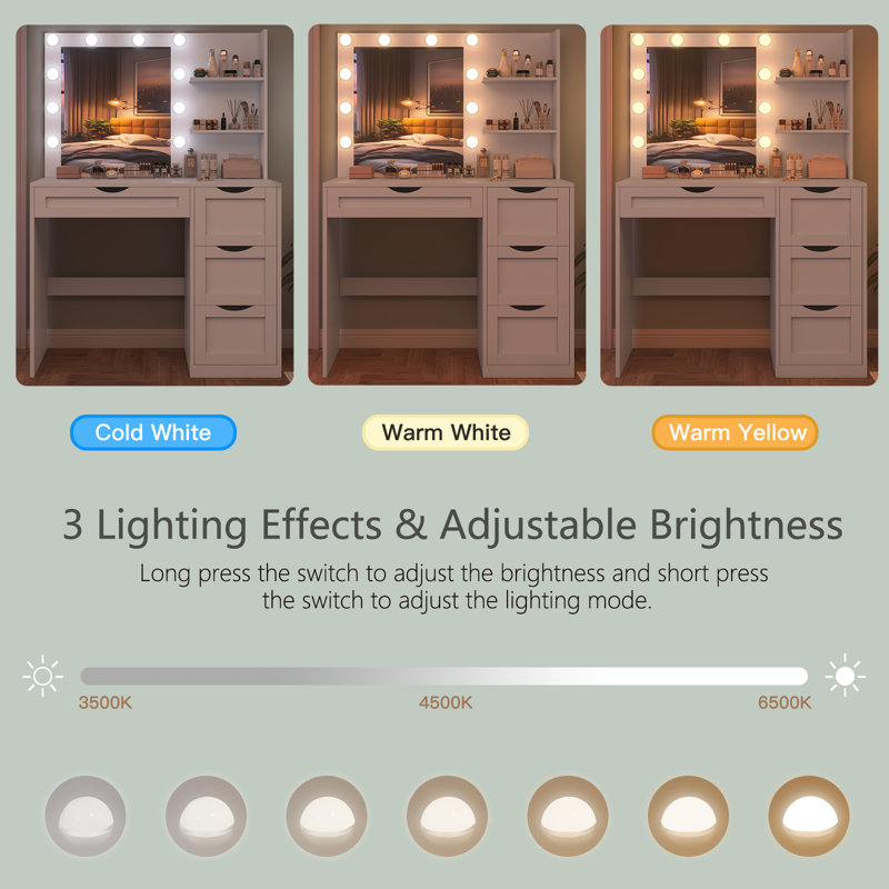 Coiffeuse Adaugo avec 10 lumières DEL, 4 tiroirs et 2 tablettes de rangement, Blanc