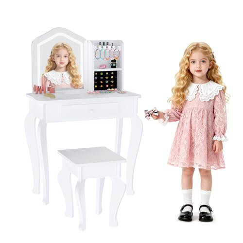 Kids Vanity with Lighted Mirror, Toddler Vanity Table and Chair Set, Girls Makeup Playset, White