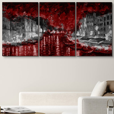 Moody Dark Red European City & Canal Abstract Nature Watercolor Modern Art Rustic Scenic