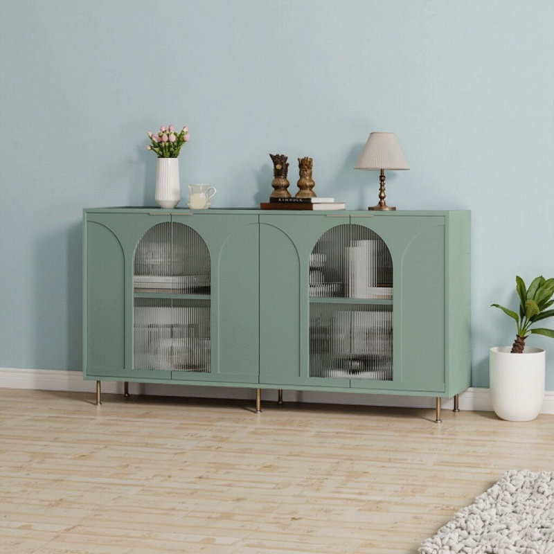 Buffet décoratif vert menthe avec 4 portes en verre, Vert menthe
