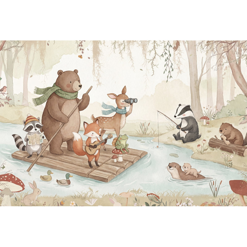 Papier peint fantaisiste, rivière, animaux, rivière, 140"x108", Peler et coller